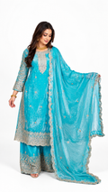 Turquoise Blue Embroidered Palazzo Suit