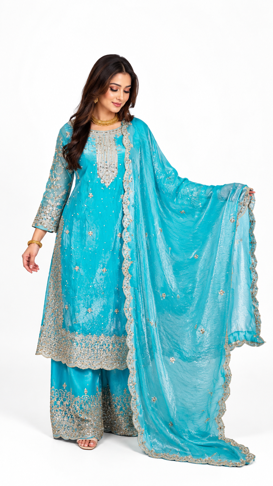 Turquoise Blue Embroidered Palazzo Suit