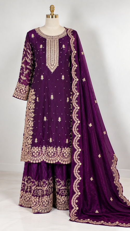 Deep Purple Embroidered Palazzo Suit