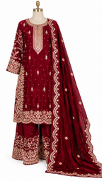 Deep Maroon Embroidered Palazzo Suit