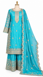Turquoise Blue Embroidered Palazzo Suit