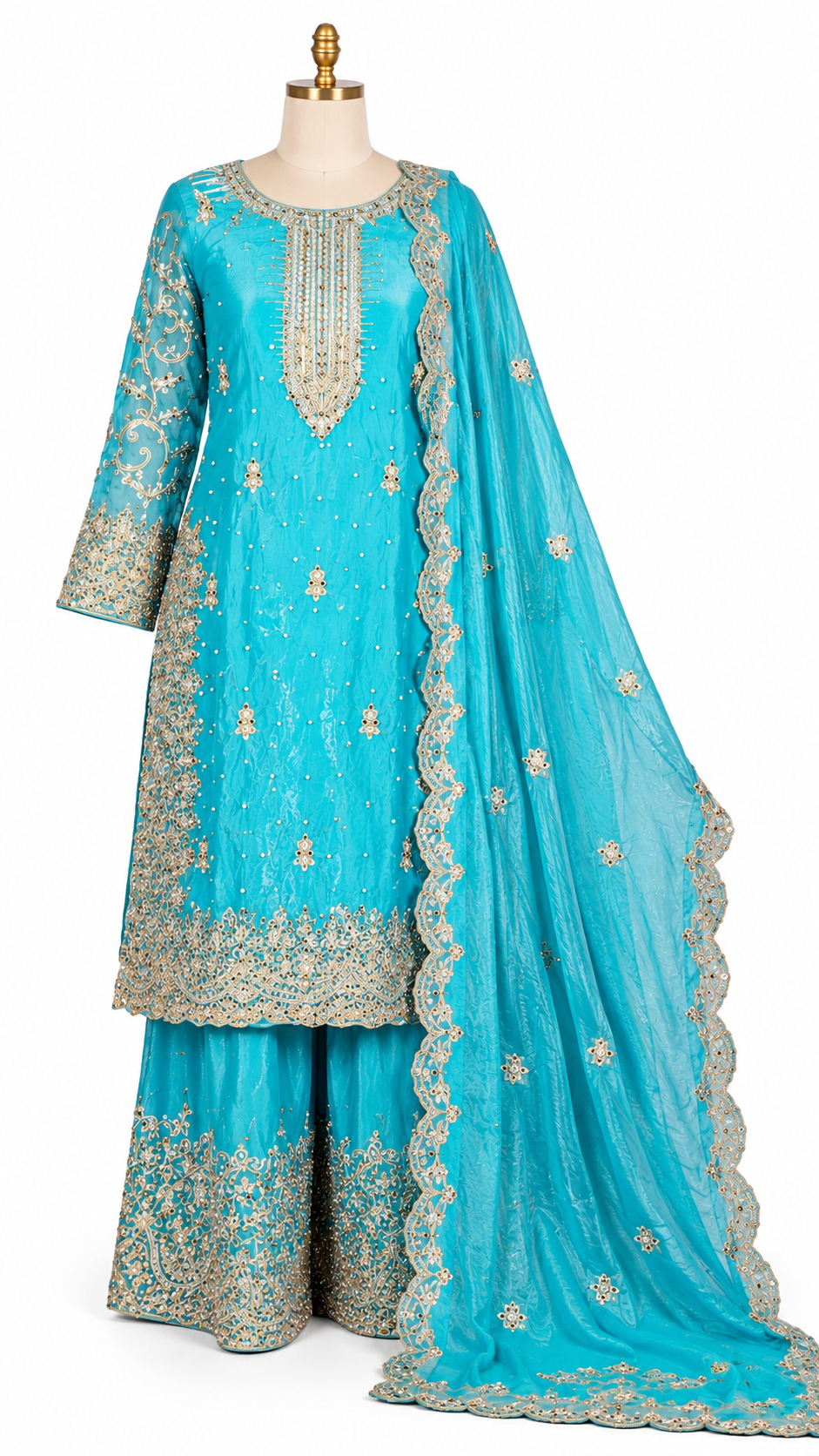 Turquoise Blue Embroidered Palazzo Suit